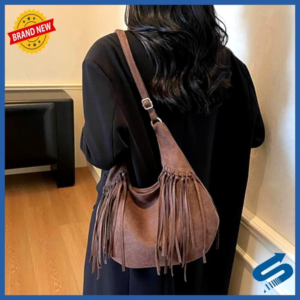 Frosted Fringe Hobo Bag Suede Leather Bohemian Shoulder Purse Tassel Bucket - Picture 2 of 6